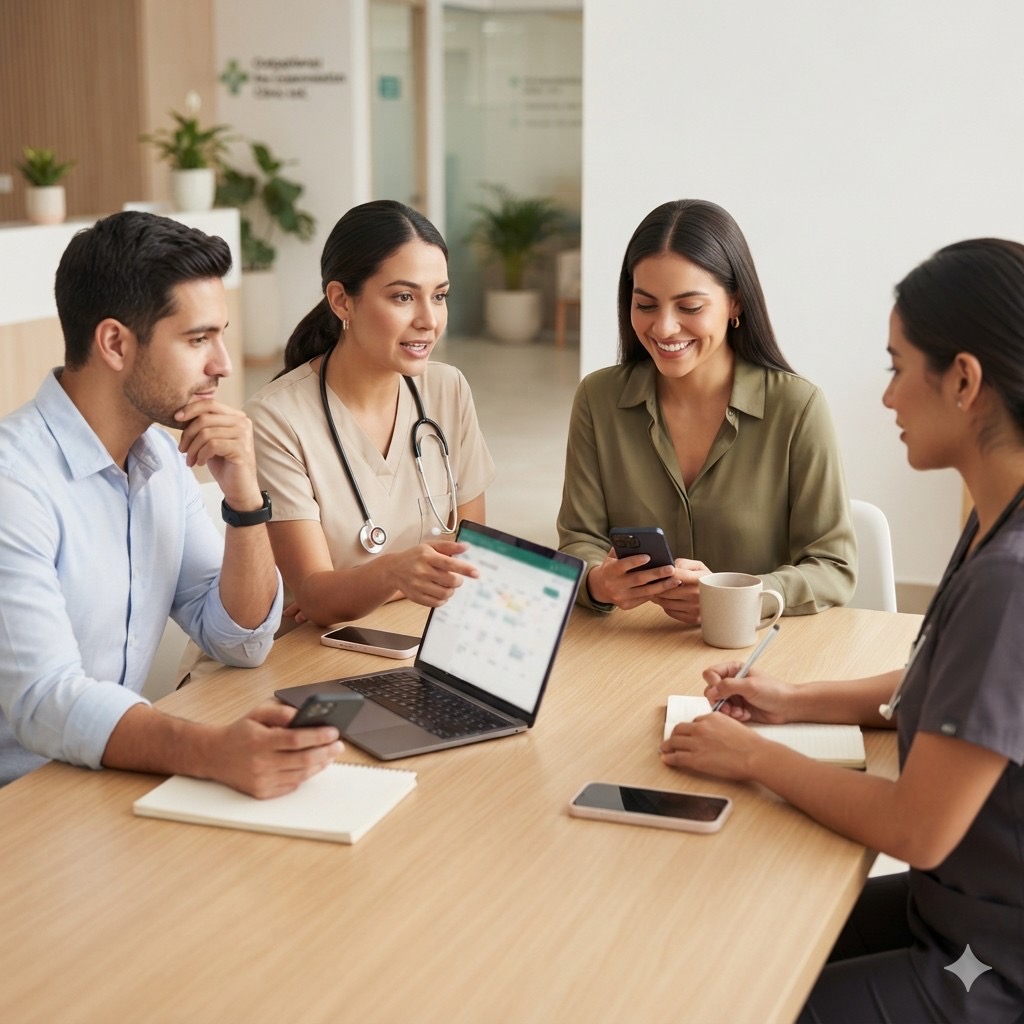 Equipo de una clínica pequeña revisando una agenda compartida en una tablet